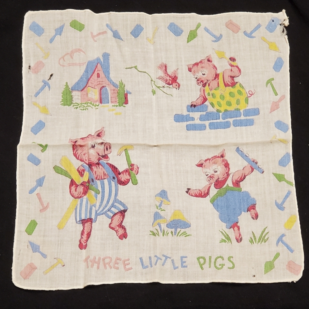 Vintage / Antique Three Little Pigs children's hankie.